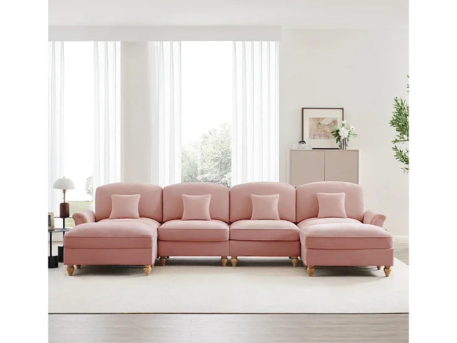 Sofá Cantinho Modular 4 Lugares em U - Chenille - Capa Removível e 2 Pufs - 350x140x93cm - Rosa