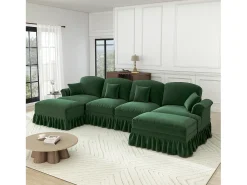 Sofá Cantinho Modular 4 Lugares em U - Chenille - Capa Removível e 2 Pufs - 350x140x93cm - Verde