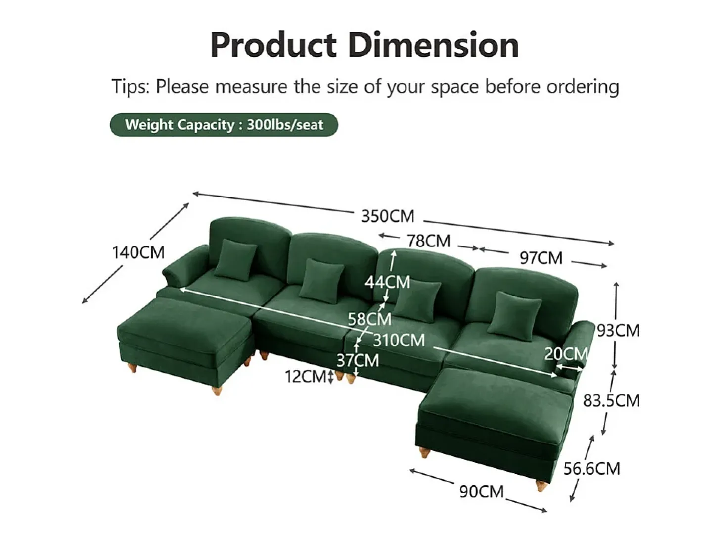 Sofá Cantinho Modular 4 Lugares em U - Chenille - Capa Removível e 2 Pufs - 350x140x93cm - Verde