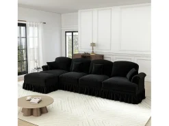 Sofá Cantinho Modular 4 Lugares em L - Chenille - Capa Removível e Puf - 350x140x93cm - Preto