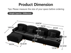 Sofá Cantinho Modular 4 Lugares em L - Chenille - Capa Removível e Puf - 350x140x93cm - Preto