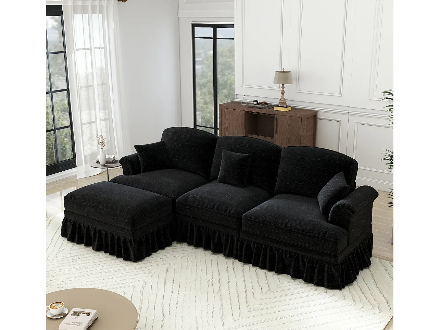 Sofá Cantinho Modular 3 Lugares Chenille - Capa Removível e Puf Móvel - 272x140x93cm - Preto