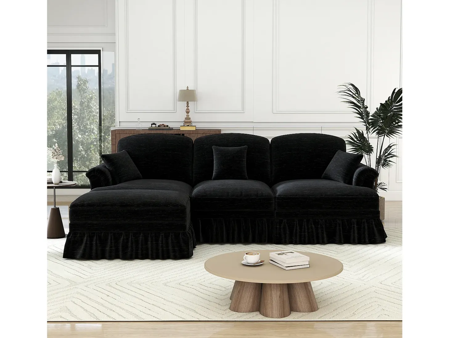 Sofá Cantinho Modular 3 Lugares Chenille - Capa Removível e Puf Móvel - 272x140x93cm - Preto