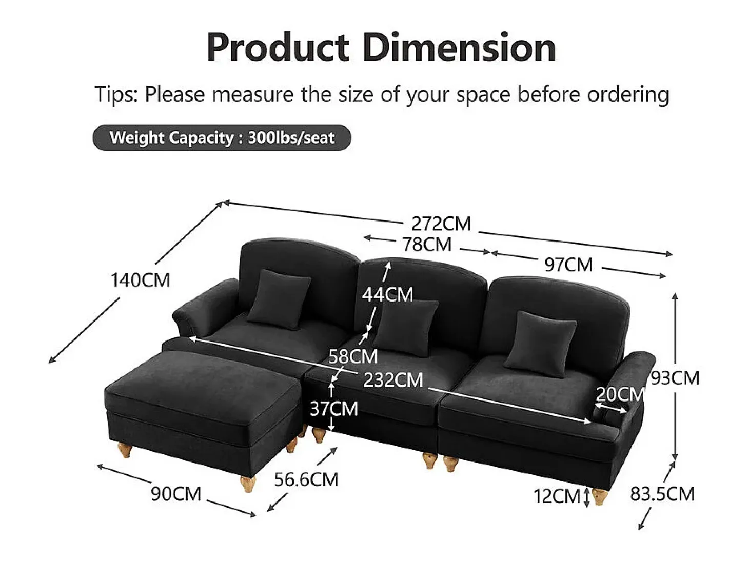 Sofá Cantinho Modular 3 Lugares Chenille - Capa Removível e Puf Móvel - 272x140x93cm - Preto