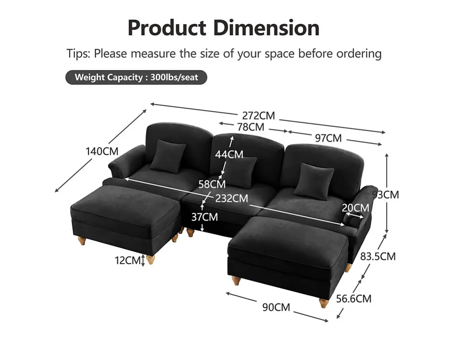 Sofá Cantinho Modular 3 Lugares em U - Chenille - Capa Removível e 2 Pufs - 272x140x93cm - Preto