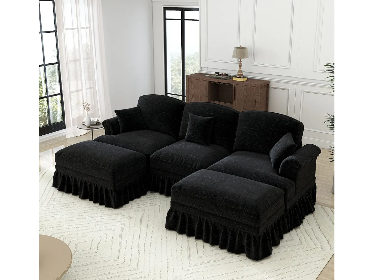 Sofá Cantinho Modular 3 Lugares em U - Chenille - Capa Removível e 2 Pufs - 272x140x93cm - Preto