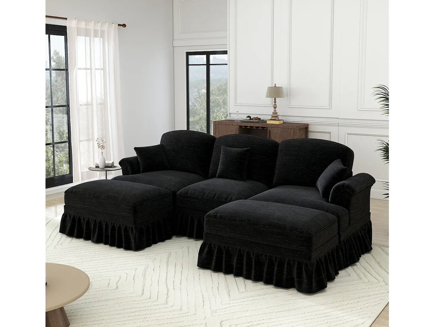 Sofá Cantinho Modular 3 Lugares em U - Chenille - Capa Removível e 2 Pufs - 272x140x93cm - Preto