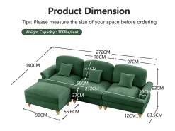 Sofá Cantinho Modular 3 Lugares Chenille - Capa Removível e Puf Móvel - 272x140x93cm - Verde