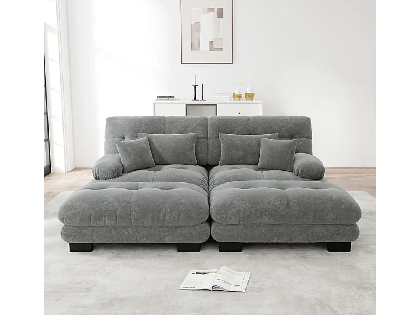 Sofá canto 2 lugares + 2 puff - com 4 almofadas - tecido pelúcia cinza - 220x145x81cm