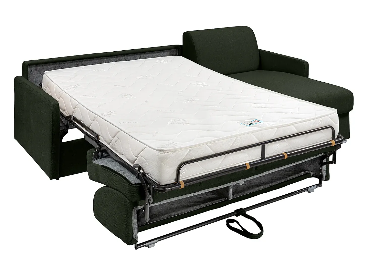 Sofá canto convert. abert. Ráp. tecido verde pinho, cama ripas largas 160cm e colchão 18cm