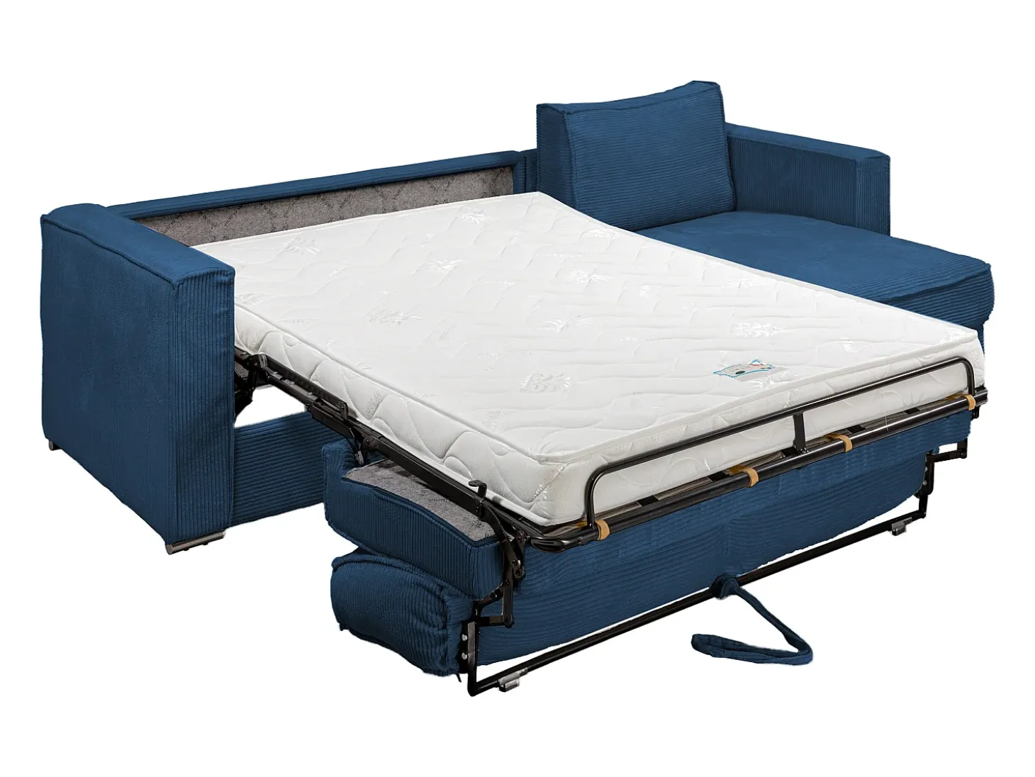 Sofá canto convert. abert. ráp. veludo canelado azul-escuro cama 160cm esp. 14cm LORETO