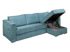 Sofá canto convert. abert. ráp. veludo canelado azul-turq., cama ripas largas 140cm LORETO