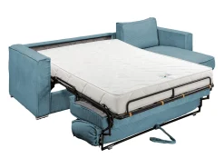 Sofá canto convert. abert. ráp. veludo canel. azul-turquesa cama ripas largas 140cm LORETO