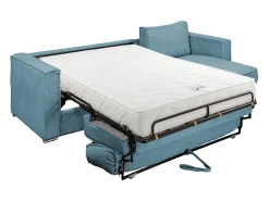 Sofá canto convert. abert. rápida veludo canelado azul-turquesa cama 140cm esp.22cm LORETO