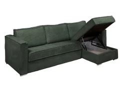 Sofá canto convertível abertura rápida veludo canelado verde, cama 140cm esp.18cm LORETO
