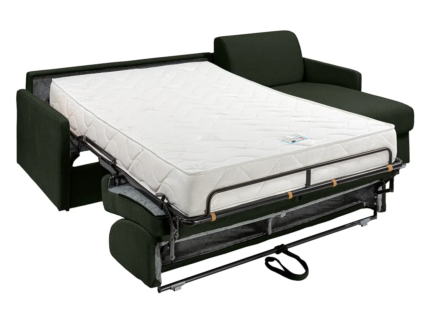Sofá canto convertível abert. rápida tecido verde pinho, cama 160cm e colchão 22cm CALIFE