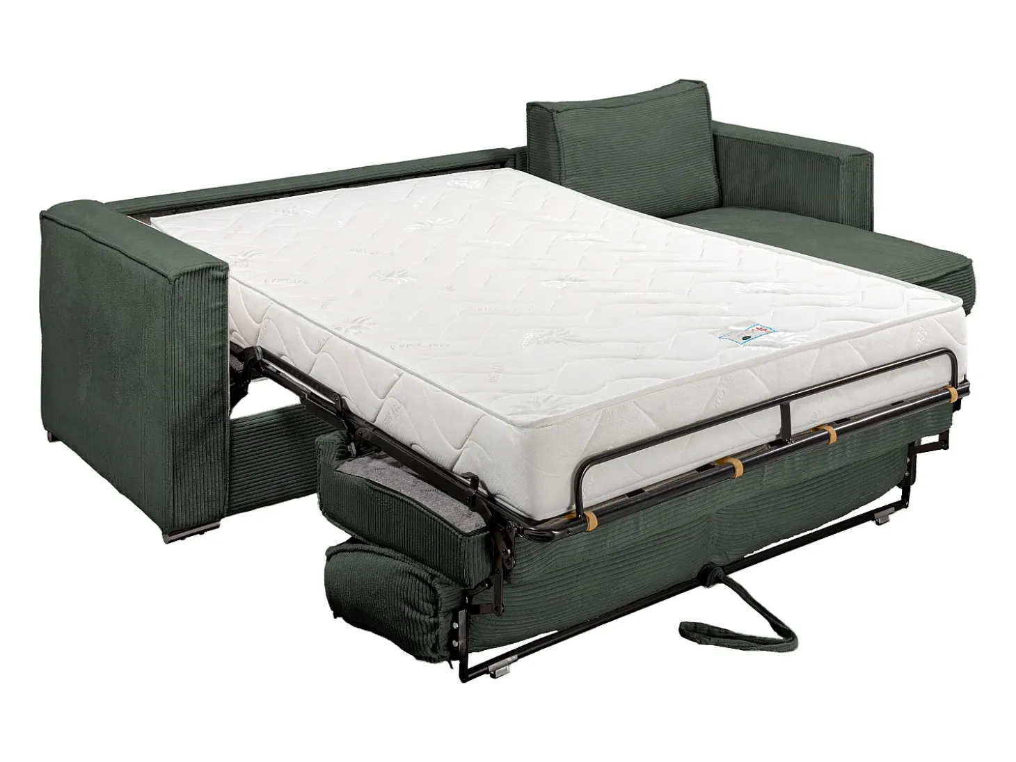 Sofá canto convertível abert. rápida veludo canelado verde cama ripas largas 140cm LORETO