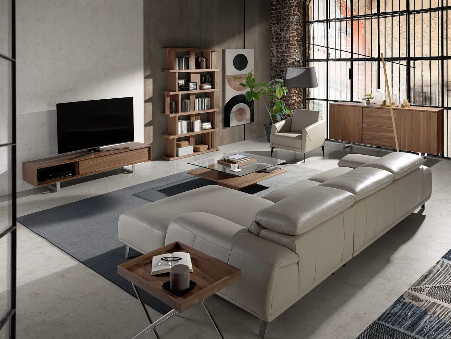 Sofá chaise longue direito em pele cinzenta taupe 6150 ANGEL CERDA