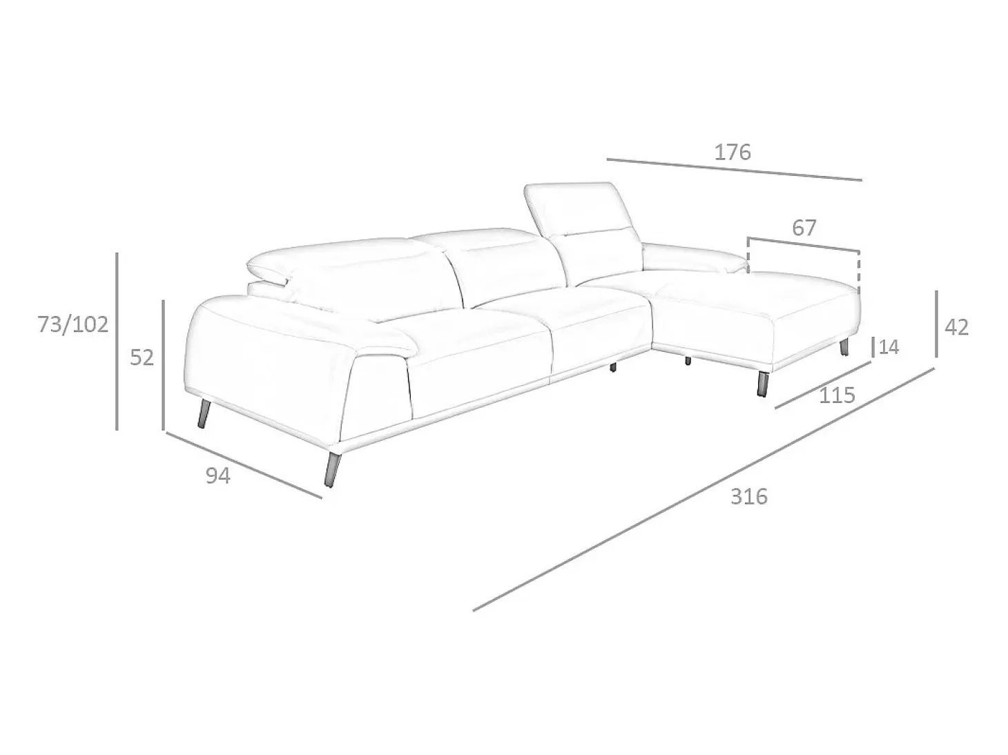 Sofá chaise longue direito em pele cinzenta taupe 6150 ANGEL CERDA