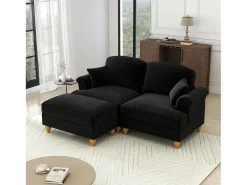 Sofá chesterfield 2 lugares em felpudo preto - com puff e 2 almofadas - saia removível - 194x140x93cm