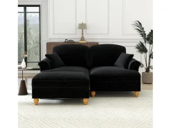 Sofá chesterfield 2 lugares em felpudo preto - com puff e 2 almofadas - saia removível - 194x140x93cm