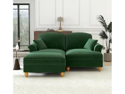 Sofá chesterfield 2 lugares em felpudo verde - com puff e 2 almofadas - saia removível - 194x140x93cm
