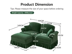 Sofá chesterfield 2 lugares em felpudo verde - com puff e 2 almofadas - saia removível - 194x140x93cm