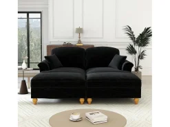 Sofá chesterfield 2 lugares em felpudo preto - com 2 puffs e 2 almofadas - saia removível - 194x140x93cm