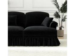 Sofá chesterfield 2 lugares em felpudo preto - com 2 puffs e 2 almofadas - saia removível - 194x140x93cm