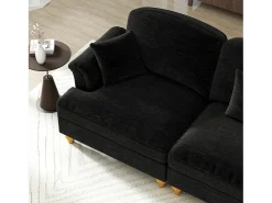 Sofá chesterfield 2 lugares em felpudo preto - com 2 puffs e 2 almofadas - saia removível - 194x140x93cm