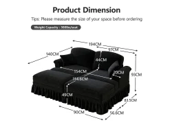 Sofá chesterfield 2 lugares em felpudo preto - com 2 puffs e 2 almofadas - saia removível - 194x140x93cm