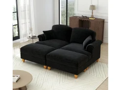 Sofá chesterfield 2 lugares em felpudo preto - com 2 puffs e 2 almofadas - saia removível - 194x140x93cm
