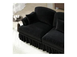 Sofá chesterfield 2 lugares em felpudo preto - com 2 puffs e 2 almofadas - saia removível - 194x140x93cm