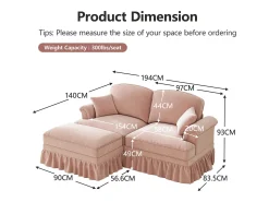 Sofá chesterfield 2 lugares em felpudo rosa - com puff e 2 almofadas - saia removível - 194x140x93cm