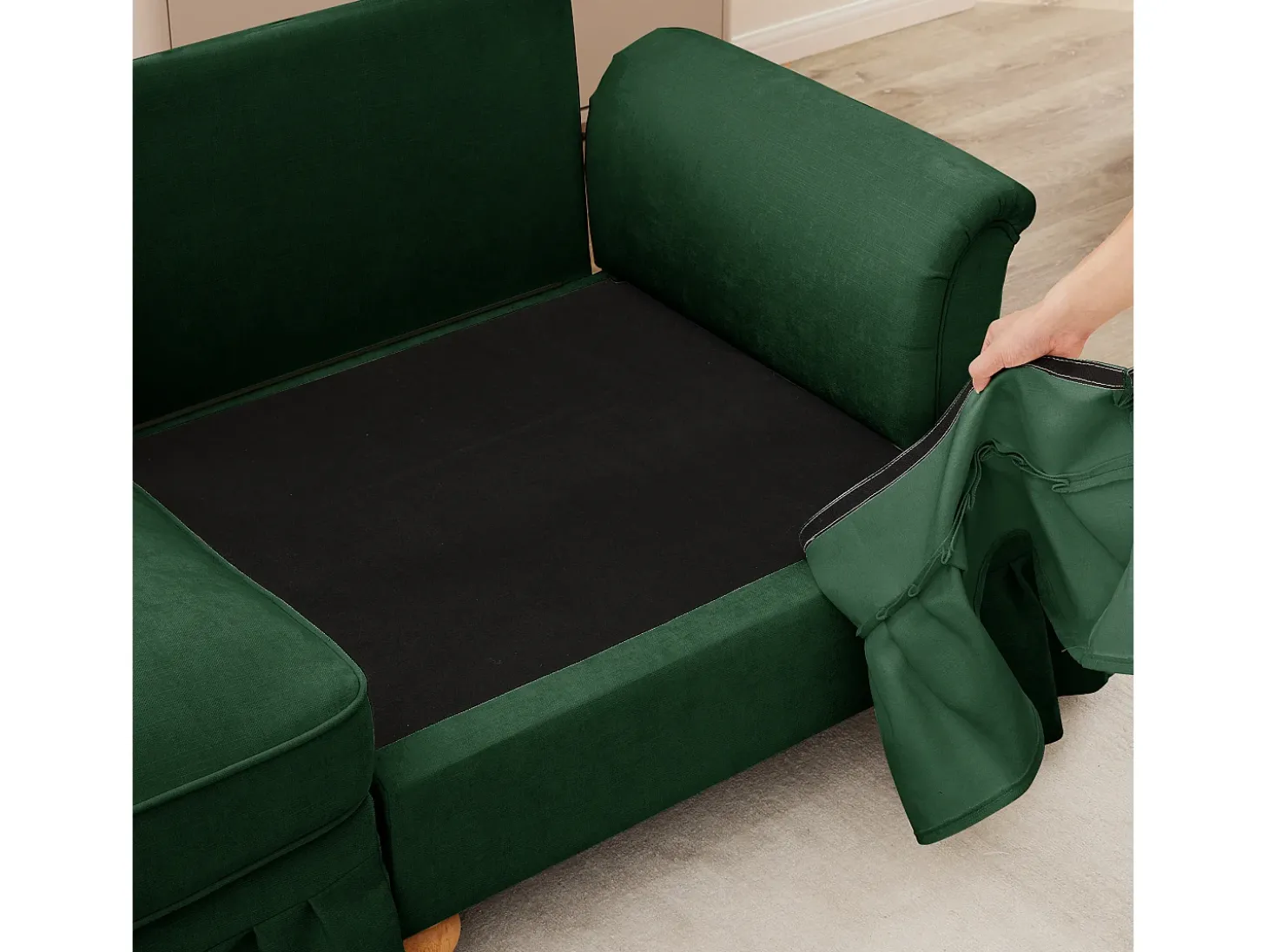 Sofá chesterfield 2 lugares em felpudo verde - com 2 puffs e 2 almofadas - saia removível - 194x140x93cm