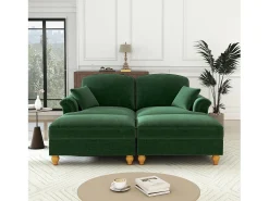 Sofá chesterfield 2 lugares em felpudo verde - com 2 puffs e 2 almofadas - saia removível - 194x140x93cm