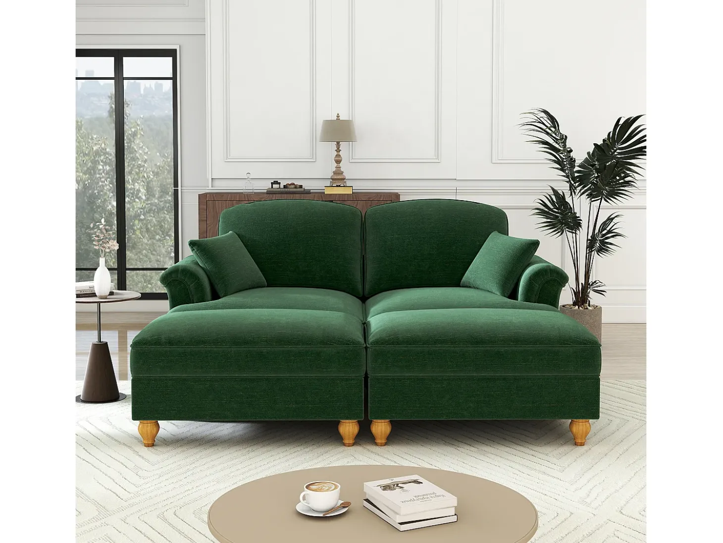 Sofá chesterfield 2 lugares em felpudo verde - com 2 puffs e 2 almofadas - saia removível - 194x140x93cm