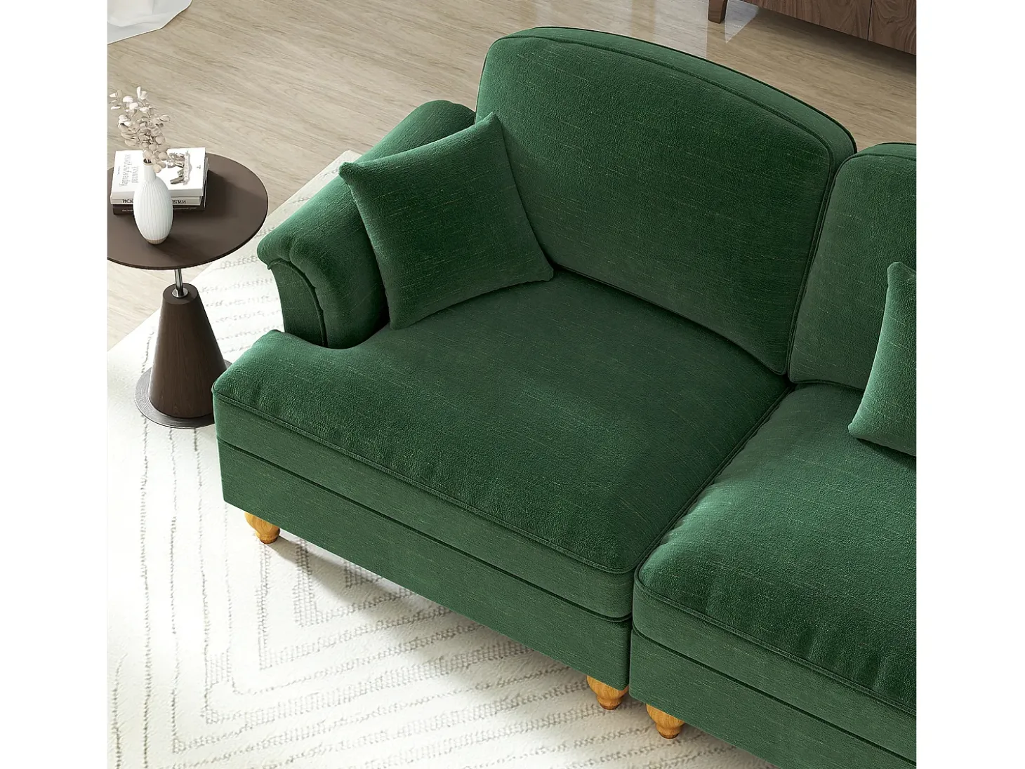 Sofá chesterfield 2 lugares em felpudo verde - com 2 puffs e 2 almofadas - saia removível - 194x140x93cm