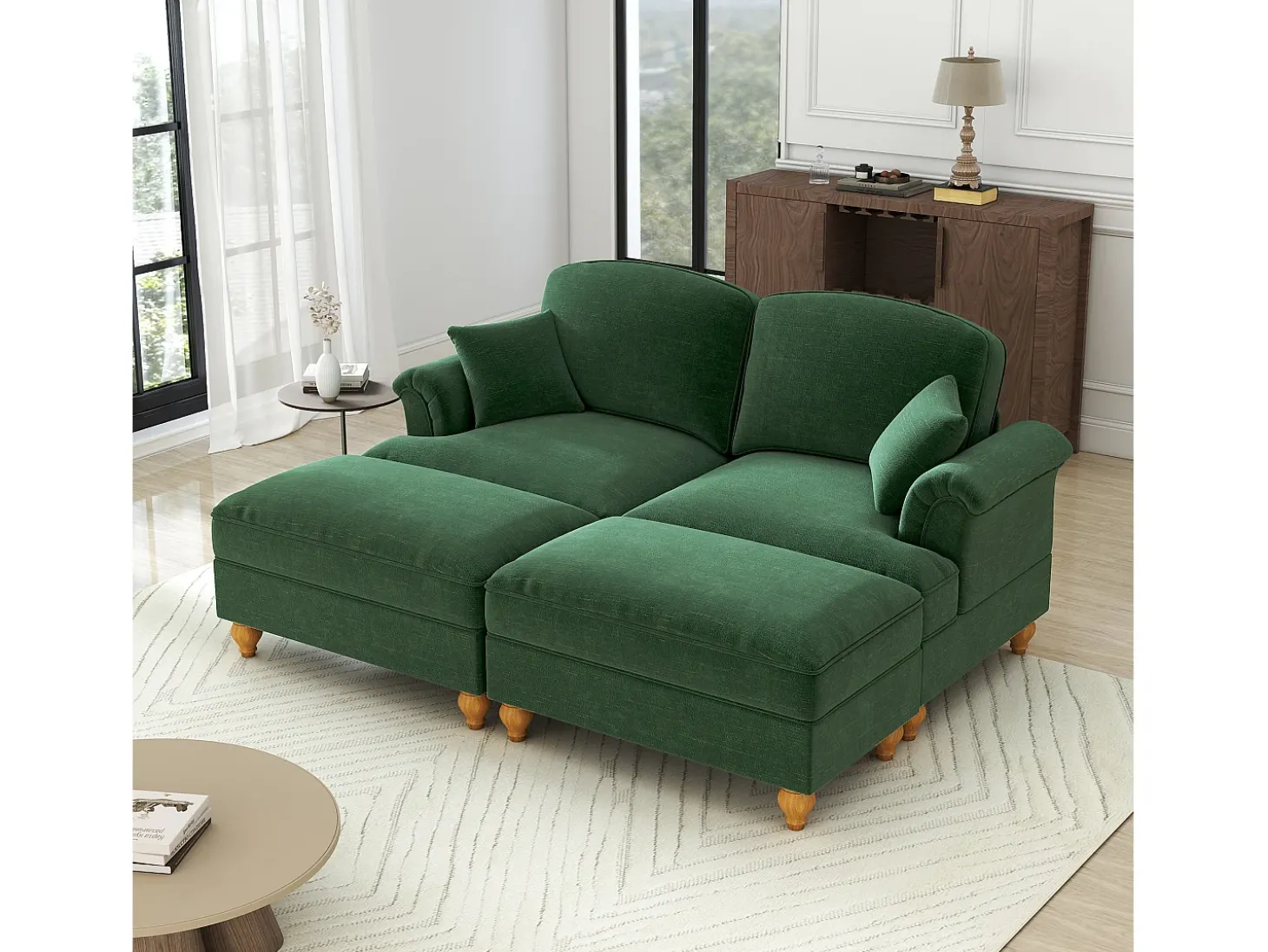 Sofá chesterfield 2 lugares em felpudo verde - com 2 puffs e 2 almofadas - saia removível - 194x140x93cm