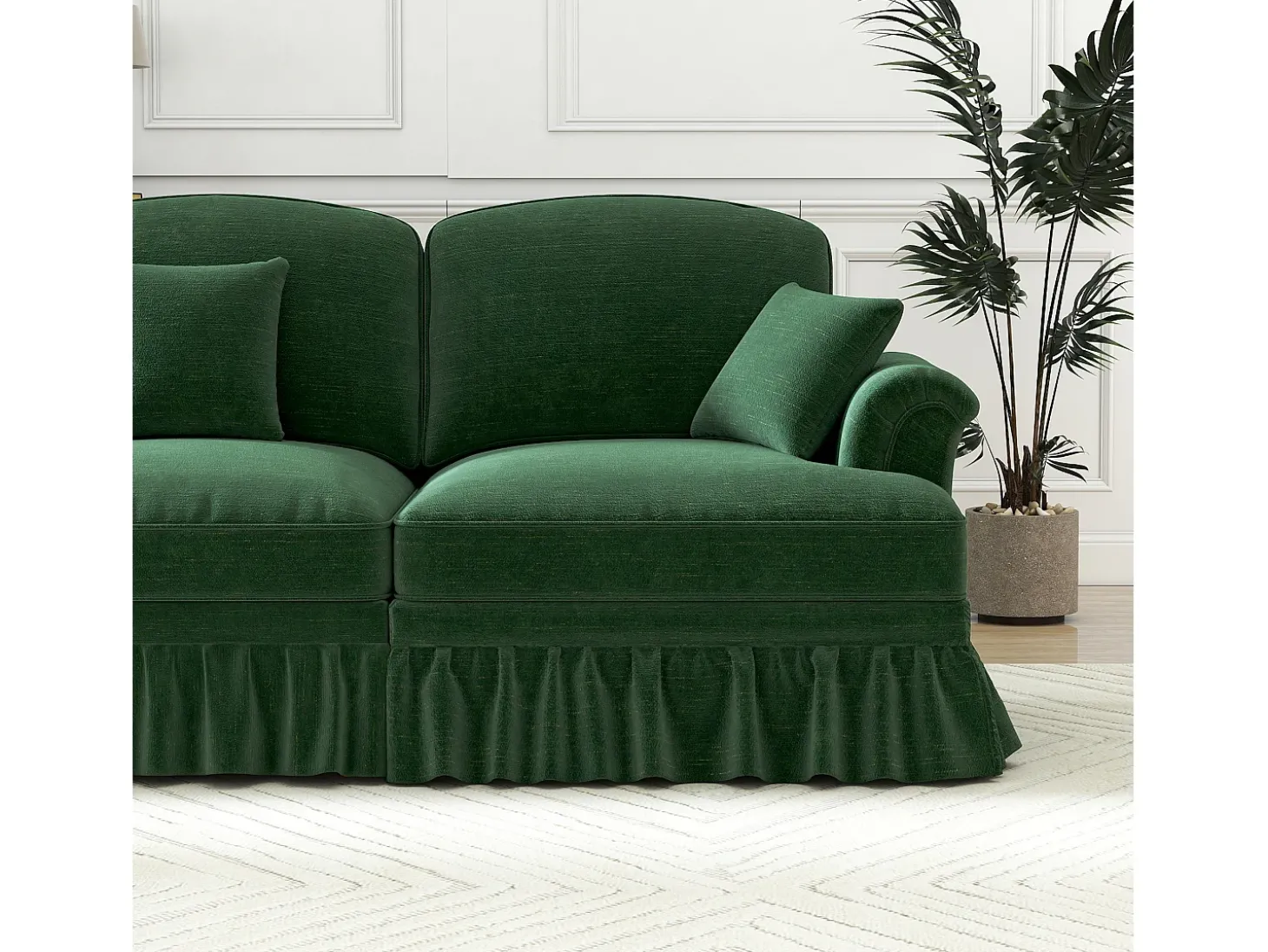 Sofá chesterfield 2 lugares em felpudo verde - com 2 puffs e 2 almofadas - saia removível - 194x140x93cm