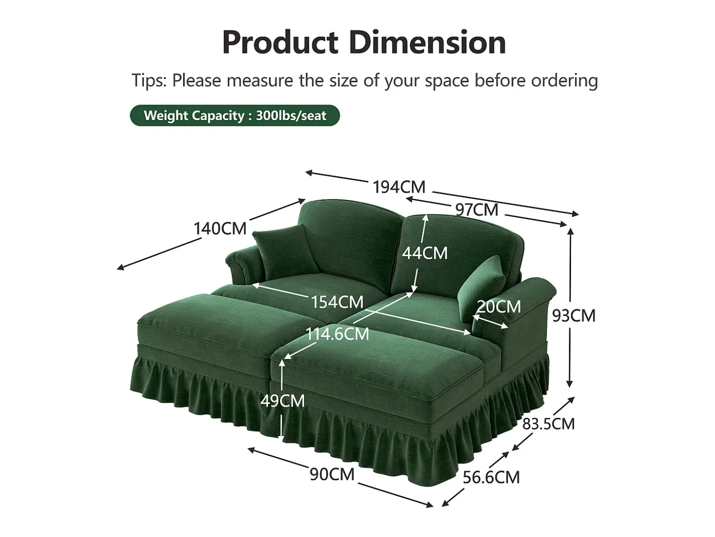 Sofá chesterfield 2 lugares em felpudo verde - com 2 puffs e 2 almofadas - saia removível - 194x140x93cm