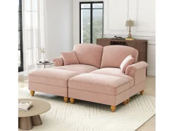 Sofá chesterfield 2 lugares em felpudo rosa - com 2 puffs e 2 almofadas - saia removível - 194x140x93cm
