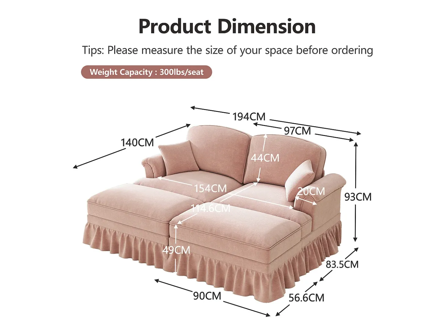 Sofá chesterfield 2 lugares em felpudo rosa - com 2 puffs e 2 almofadas - saia removível - 194x140x93cm