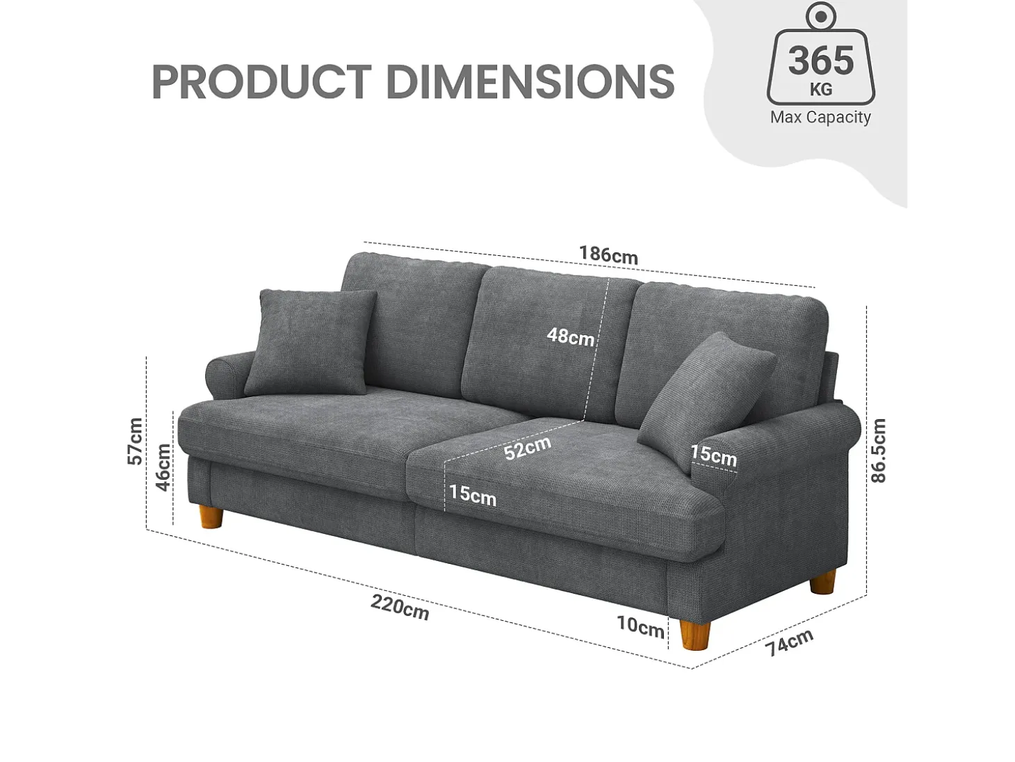Sofá com conforto de 3 -sete, tecido de lagarta, com apoios de braços, almofadas e 2 travesseiros, carga máxima 365 kg - 220x76x86 cm