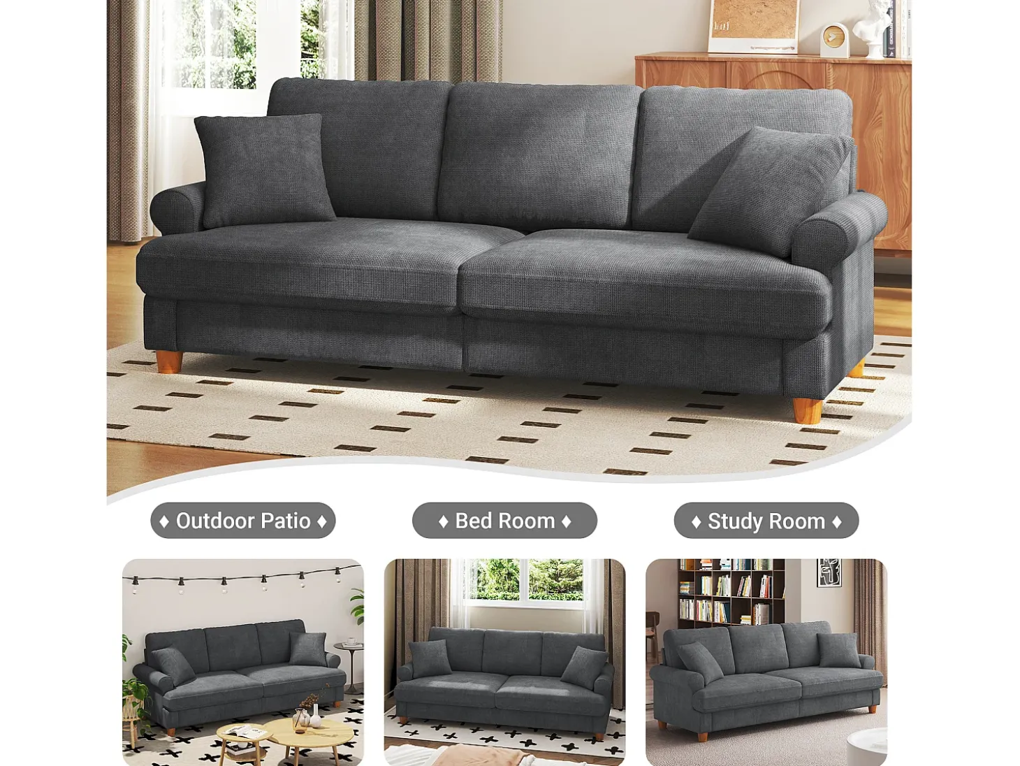 Sofá com conforto de 3 -sete, tecido de lagarta, com apoios de braços, almofadas e 2 travesseiros, carga máxima 365 kg - 220x76x86 cm