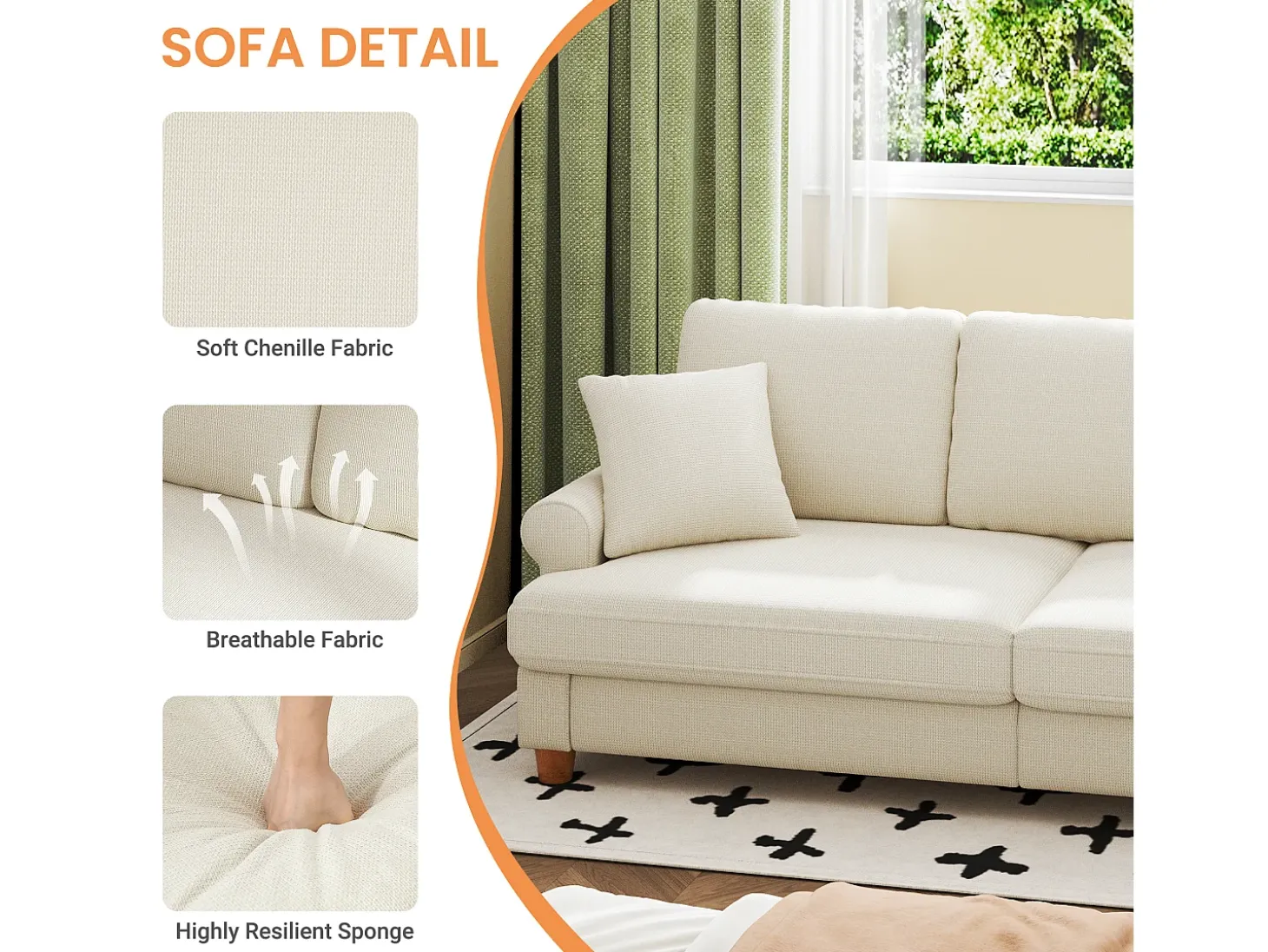 Sofá com conforto de 3 -sete, tecido de lagarta, com apoios de braços, almofadas e 2 travesseiros, carga máxima 365 kg - 220x76x86 cm