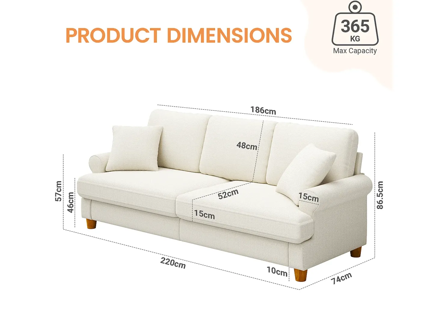 Sofá com conforto de 3 -sete, tecido de lagarta, com apoios de braços, almofadas e 2 travesseiros, carga máxima 365 kg - 220x76x86 cm