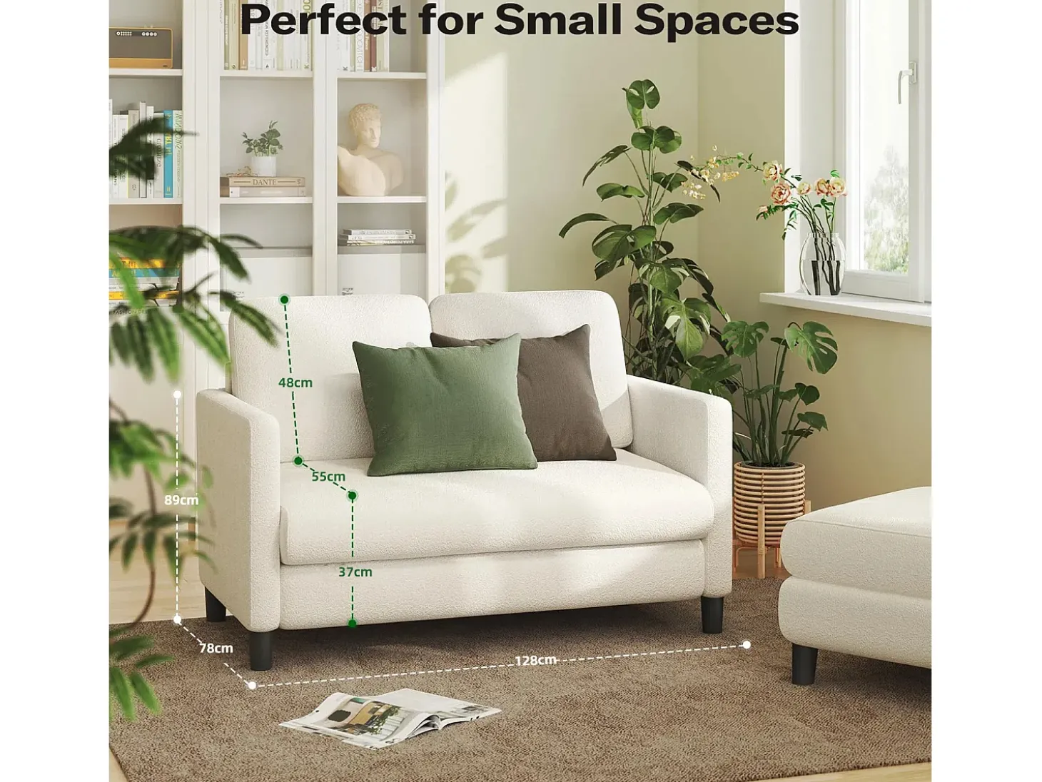 Sofá Comfort de 2 -Setter em Teddy Beige Velvet, com assento profundo de 55 cm e apoios de braços - 128x78x89cm