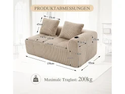 Sofá confortável de 2 lugares - 158 x 93 x 61 cm - não requer montagem - com almofadas de encosto + bolso - veludo - cáqui