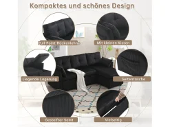 Sofá conversível de 3 lugares - 206 x 130 x 88 cm - sofá modular - com armazenamento - veludo - preto